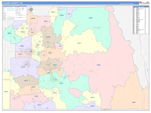 Tulare County, CA ZIP Code Wall Map, ColorCast style