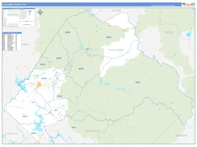 Tuolumne County, CA ZIP Code Wall Map, Business Reference style