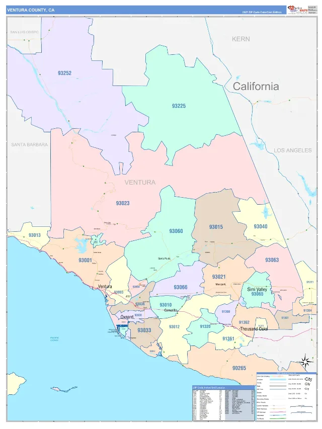 Ventura County, CA ZIP Code Wall Map, ColorCast style