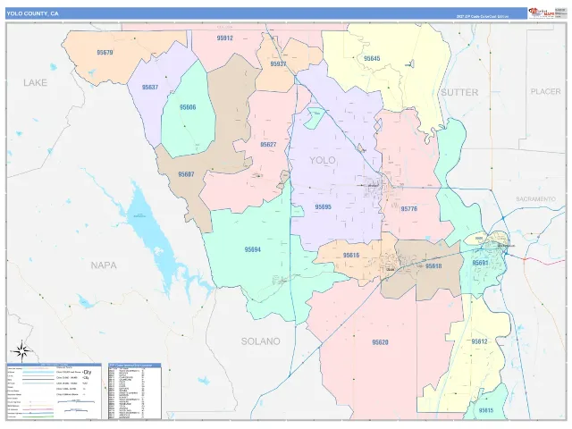 Yolo County, CA ZIP Code Wall Map, ColorCast style
