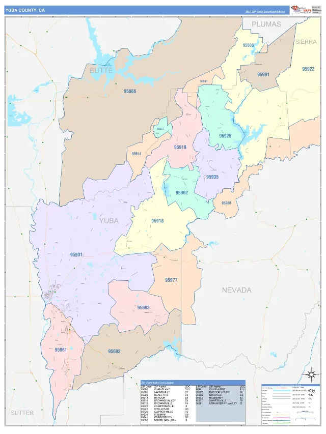 Yuba County, CA ZIP Code Wall Map, ColorCast style