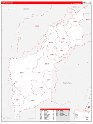 Yuba County, CA RedLine style ZIP Code wall map