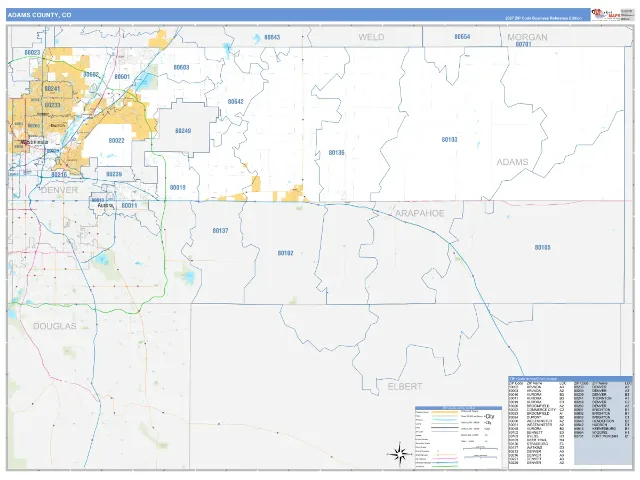Adams County, CO ZIP Code Wall Map, Business Reference style