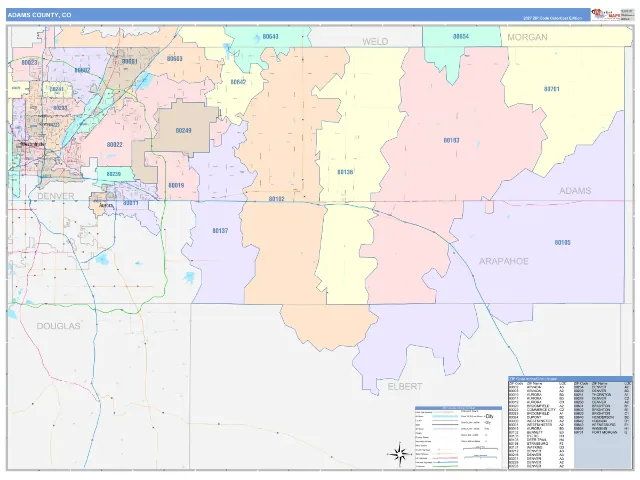 Adams County, CO ZIP Code Wall Map, ColorCast style
