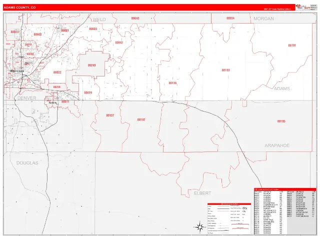 Adams County, CO ZIP Code Wall Map, RedLine style