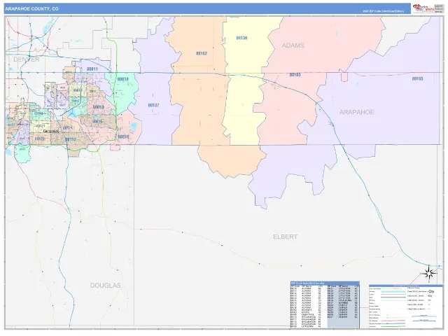 Arapahoe County, CO ZIP Code Wall Map, ColorCast style