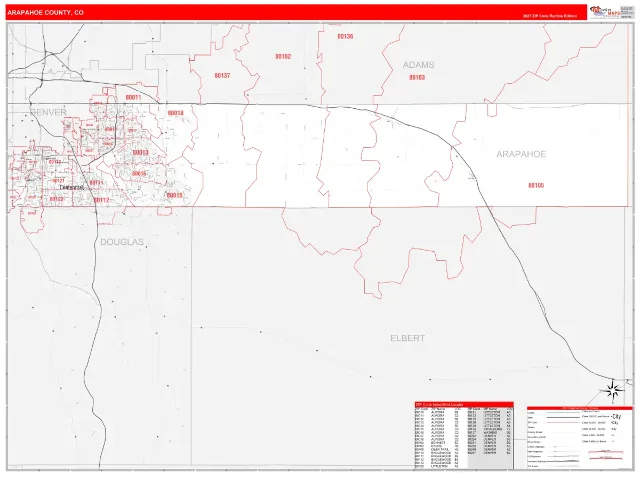 Arapahoe County, CO ZIP Code Wall Map, RedLine style