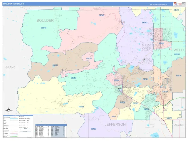 Boulder County, CO ZIP Code Wall Map, ColorCast style