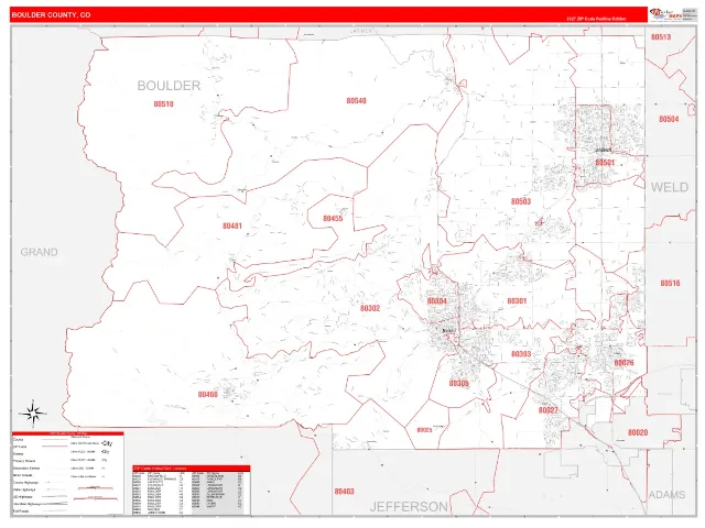 Boulder County, CO ZIP Code Wall Map, RedLine style