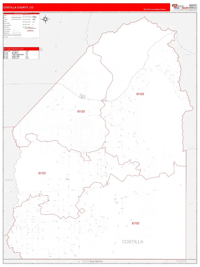 Costilla County, CO ZIP Code Wall Map, RedLine style