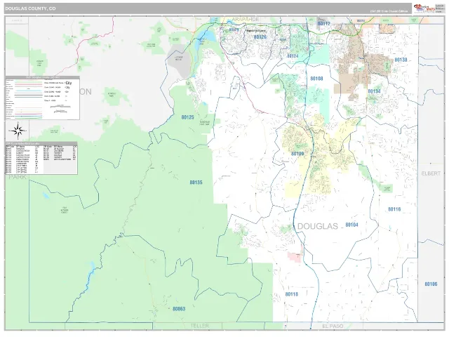 Douglas County, CO ZIP Code Wall Map, Classic style