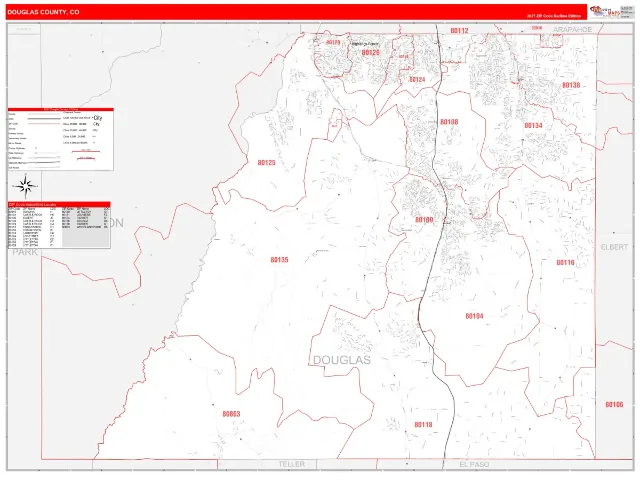 Douglas County, CO ZIP Code Wall Map, RedLine style