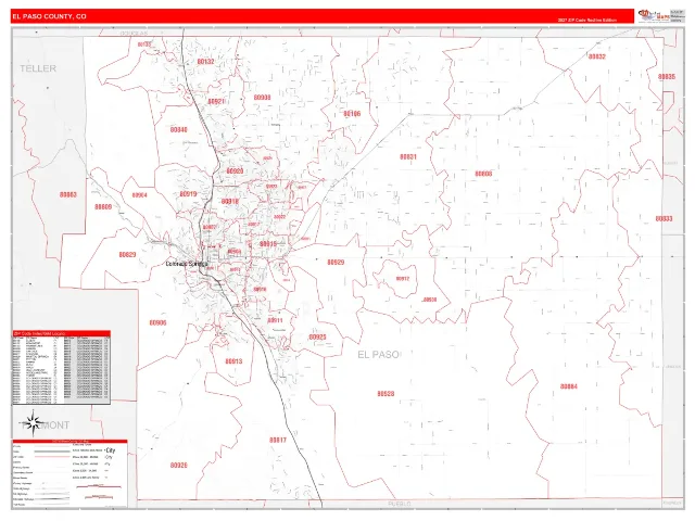 El Paso County, CO ZIP Code Wall Map, RedLine style