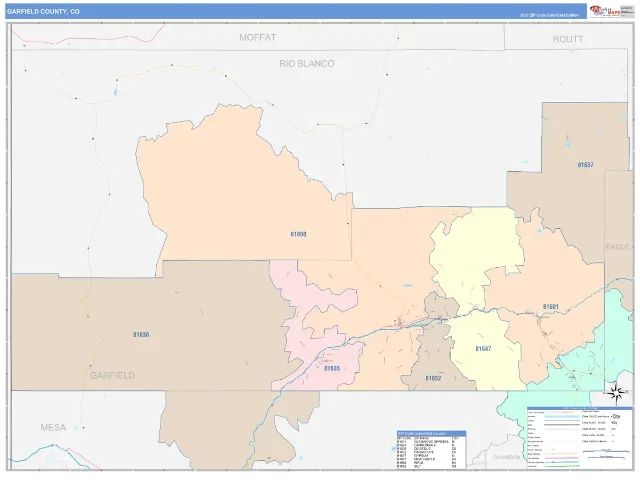 Garfield County, CO ZIP Code Wall Map, ColorCast style