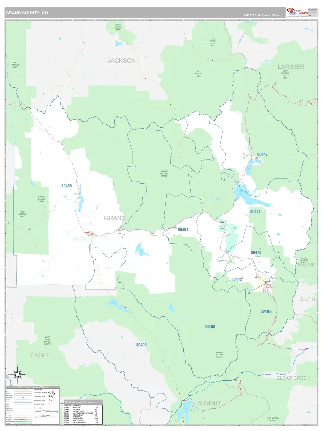 Grand County, CO ZIP Code Wall Map, Classic style