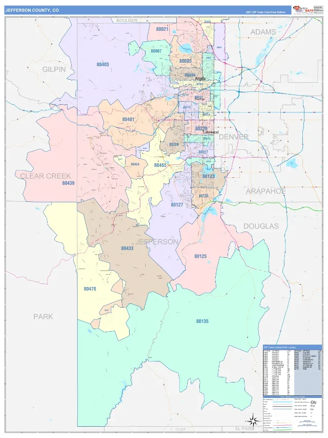Jefferson County, CO ZIP Code Wall Map, ColorCast style