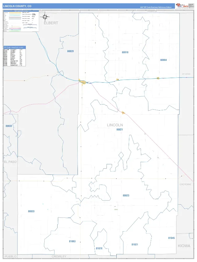Lincoln County, CO ZIP Code Wall Map, Business Reference style