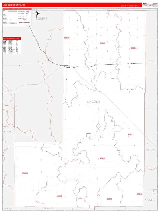 Lincoln County, CO ZIP Code Wall Map, RedLine style