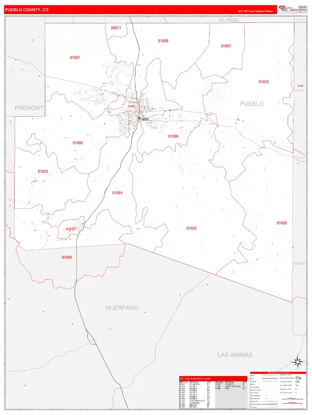 Pueblo County, CO ZIP Code Wall Map, RedLine style