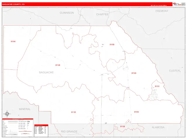 Saguache County, CO ZIP Code Wall Map, RedLine style