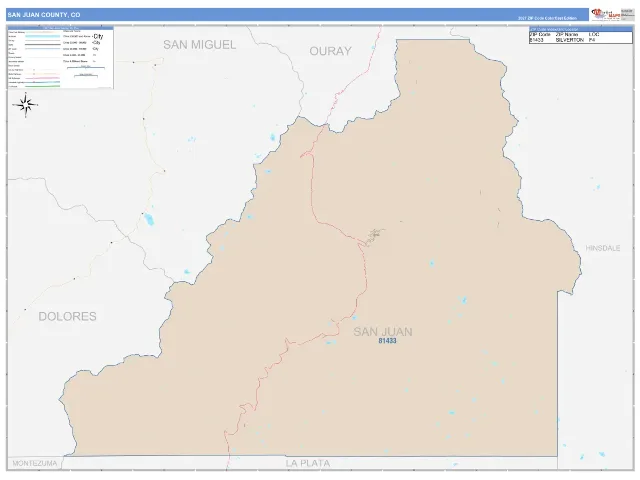 San Juan County, CO ZIP Code Wall Map, ColorCast style