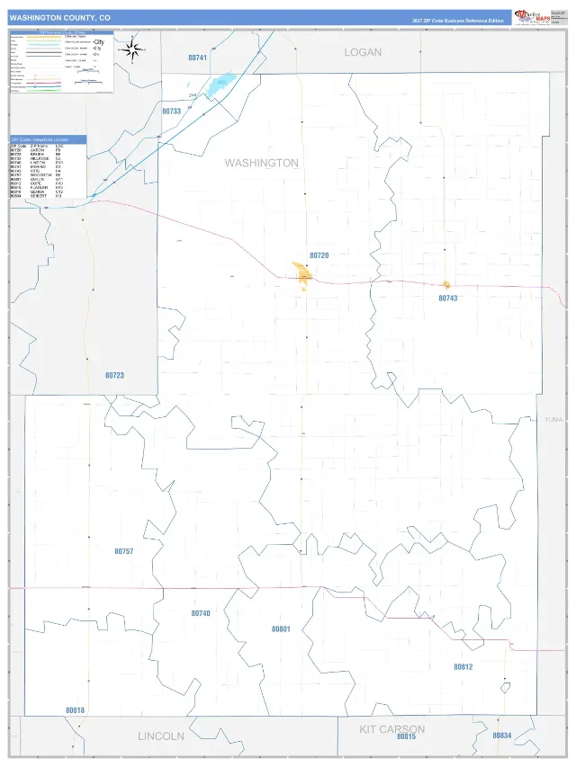 Washington County, CO ZIP Code Wall Map, Business Reference style