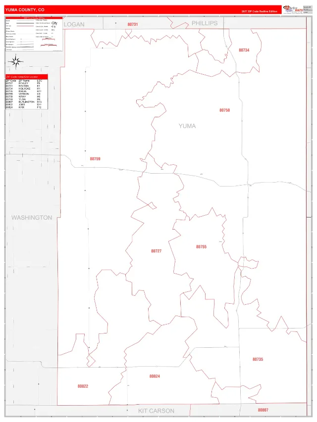 Yuma County, CO ZIP Code Wall Map, RedLine style