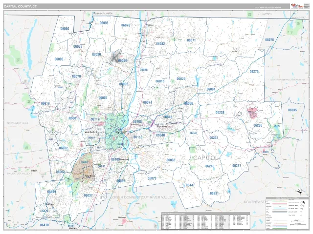 Capitol County, CT ZIP Code Wall Map, Classic style