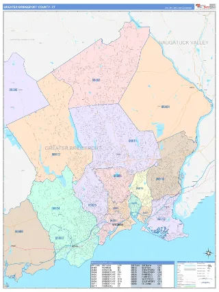 Greater Bridgeport County, CT ColorCast style ZIP Code wall map