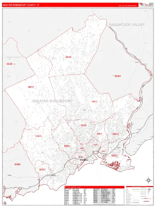 Greater Bridgeport County, CT RedLine style ZIP Code wall map