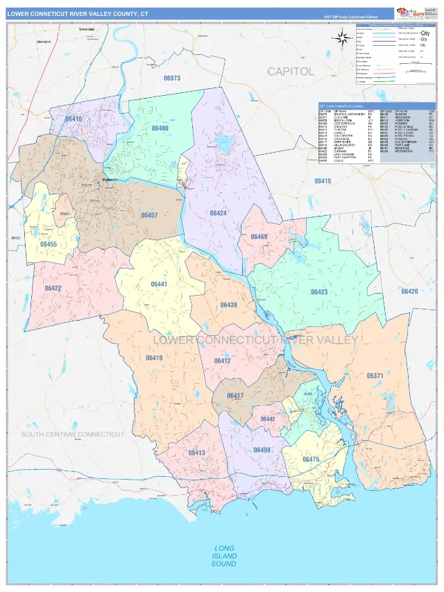 Lower Connecticut River Valley County, CT ZIP Code Wall Map, ColorCast style