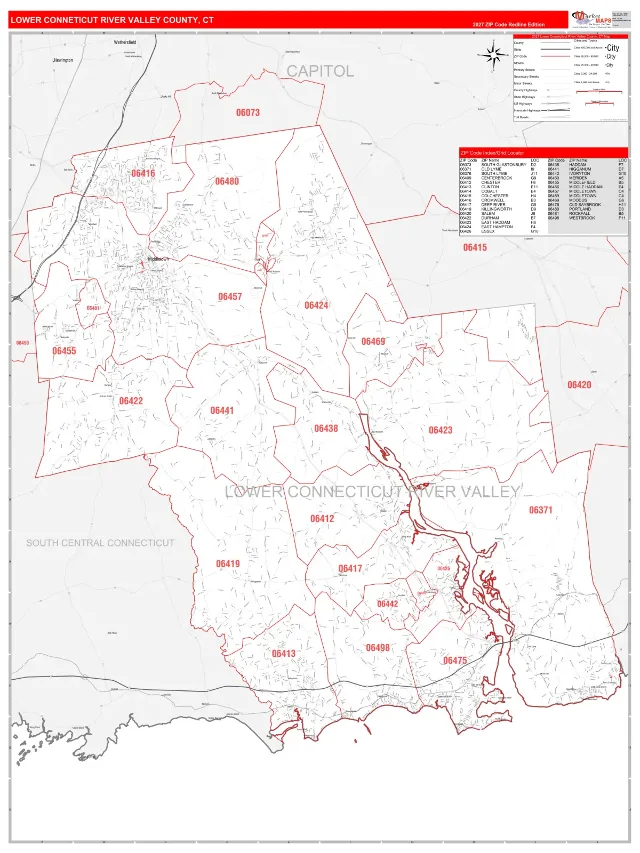 Lower Connecticut River Valley County, CT ZIP Code Wall Map, RedLine style