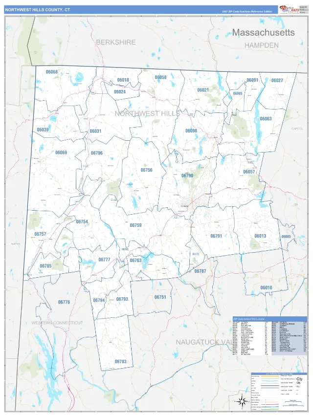 Northwest Hills County, CT ZIP Code Wall Map, Business Reference style