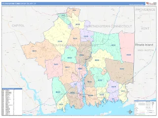 Southeastern Connecticut County, CT ColorCast style ZIP Code wall map