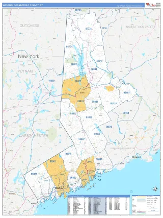 Western Connecticut County, CT Business Reference style ZIP Code wall map