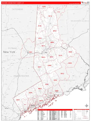 Western Connecticut County, CT RedLine style ZIP Code wall map