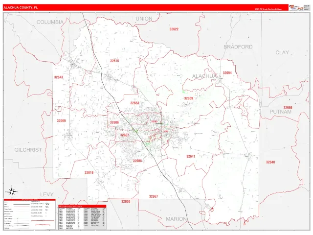 Alachua County, FL ZIP Code Wall Map, RedLine style