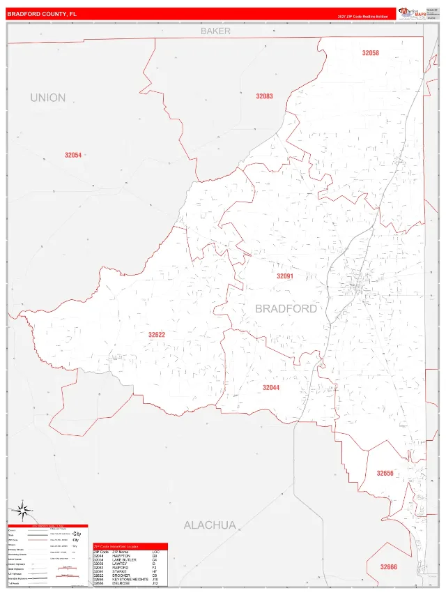 Bradford County, FL ZIP Code Wall Map, RedLine style