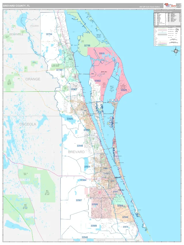 Brevard County, FL ZIP Code Wall Map, Classic style