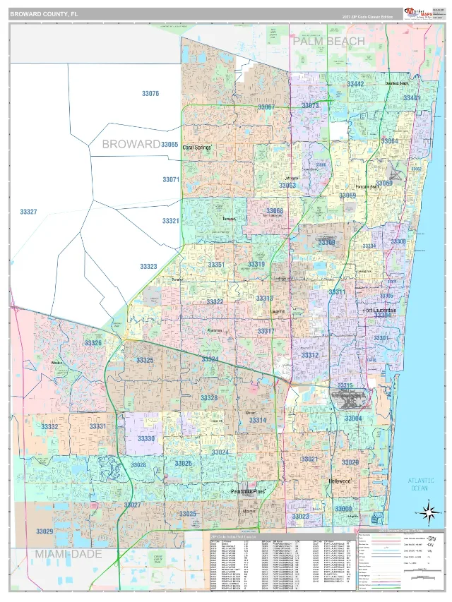 Broward County, FL ZIP Code Wall Map, Classic style