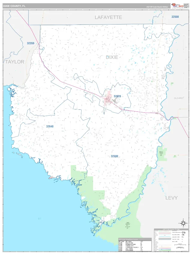 Dixie County, FL ZIP Code Wall Map, Classic style
