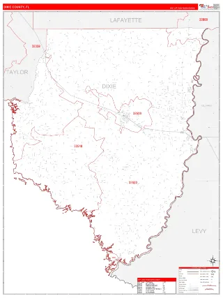 Dixie County, FL RedLine style ZIP Code wall map