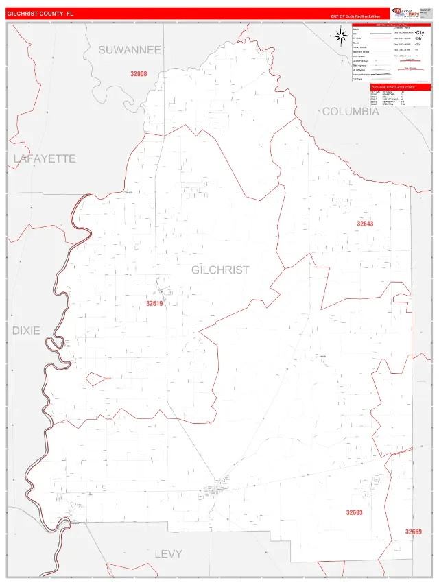 Gilchrist County, FL ZIP Code Wall Map, RedLine style