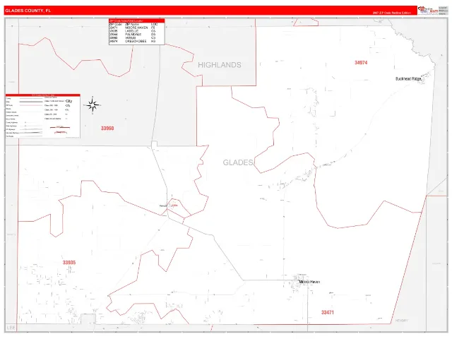 Glades County, FL ZIP Code Wall Map, RedLine style