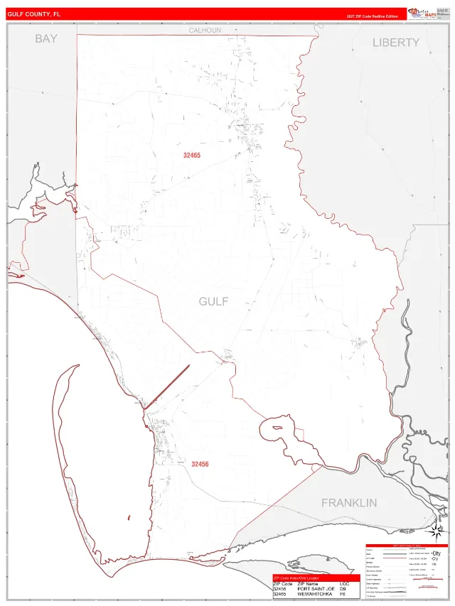 Gulf County, FL ZIP Code Wall Map, RedLine style