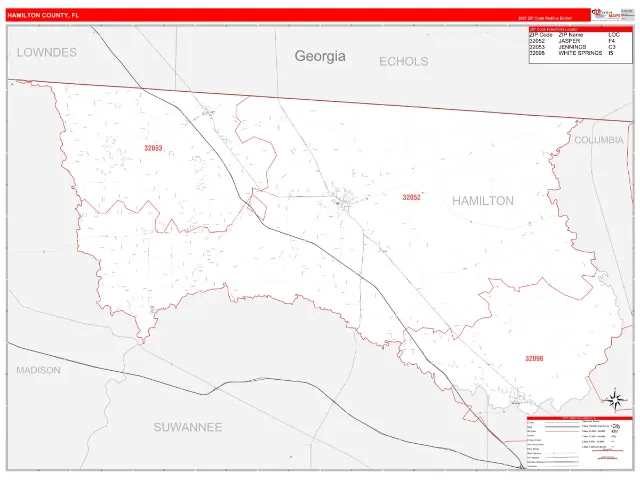Hamilton County, FL ZIP Code Wall Map, RedLine style