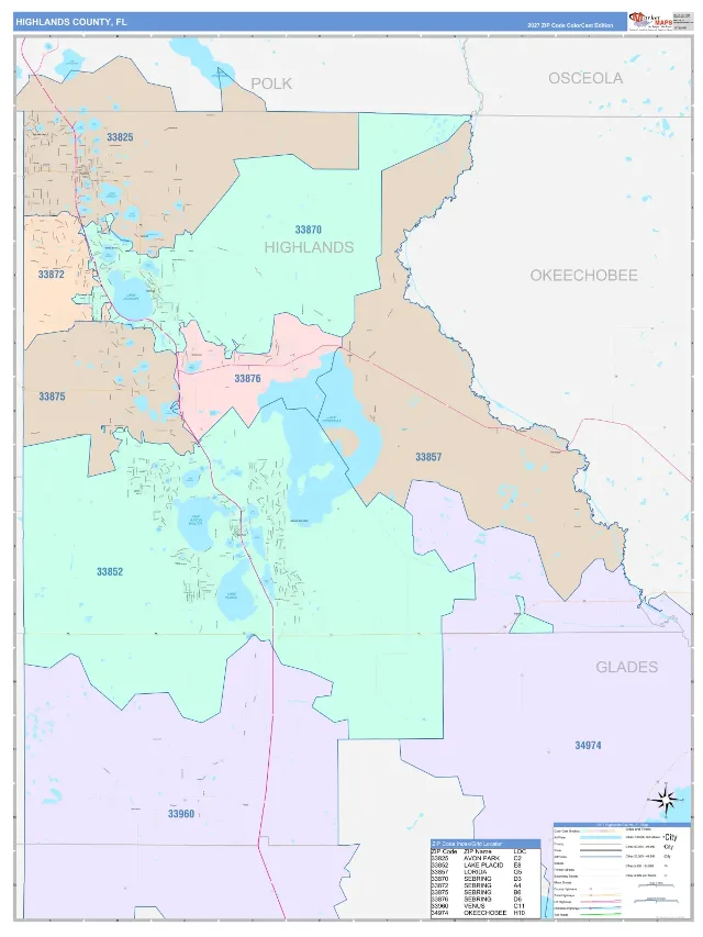 Highlands County, FL ZIP Code Wall Map, ColorCast style