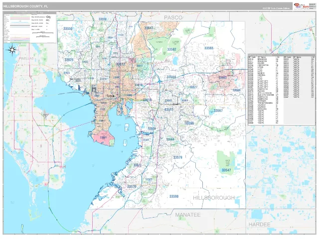 Hillsborough County, FL ZIP Code Wall Map, Classic style