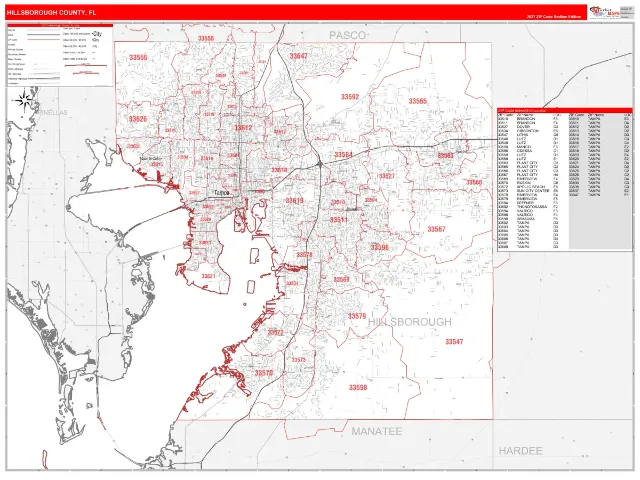 Hillsborough County, FL ZIP Code Wall Map, RedLine style