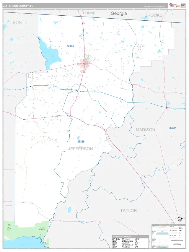 Jefferson County, FL ZIP Code Wall Map, Classic style